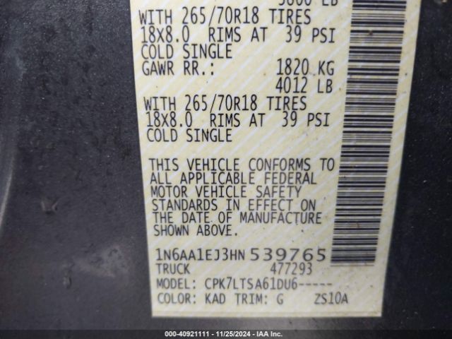 1N6AA1EJ3HN539765 Nissan TITAN SV