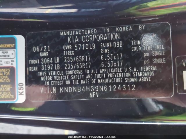 KNDNB4H39N6124312 KIA Carnival Mpv Lx Seat Package