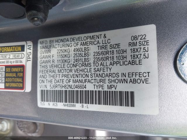 5J6RT6H82NL046604 Honda Cr-v Hybrid Ex-l