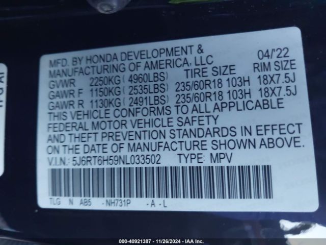 5J6RT6H59NL033502 Honda Cr-v Hybrid Ex