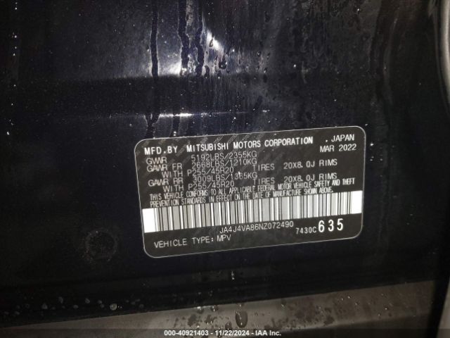 JA4J4VA86NZ072490 Mitsubishi Outlander Sel 2.5 /sel Launch Edition /sel Special Edition