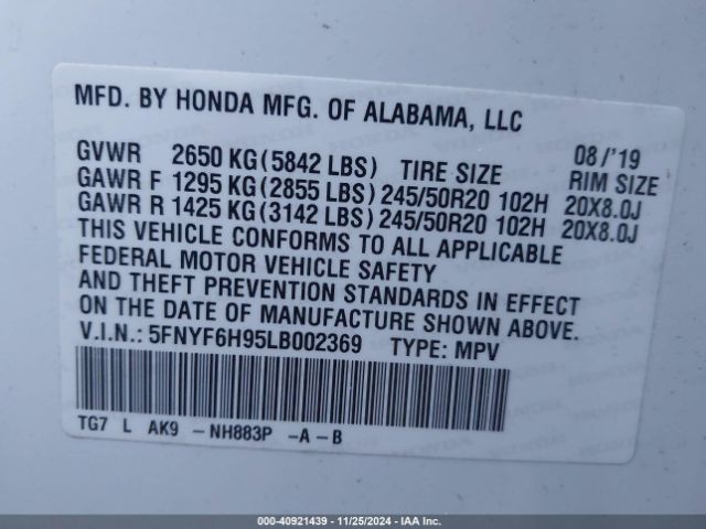 5FNYF6H95LB002369 Honda Pilot Awd Touring 8 Passenger