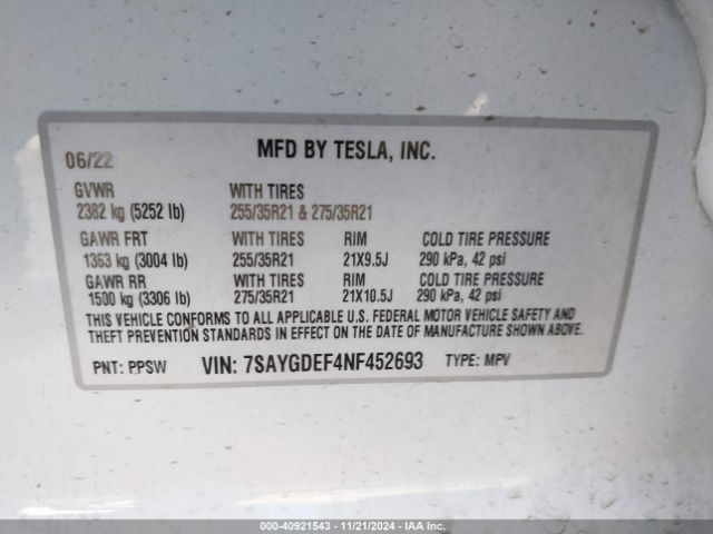 7SAYGDEF4NF452693 Tesla Model Y Performance Dual Motor All-wheel Drive