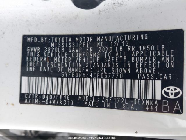 5YFBURHE4EP057770 Toyota Corolla Le Plus