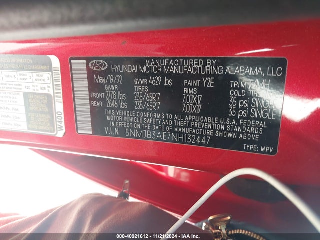 5NMJB3AE7NH132447 Hyundai TUCSON SEL