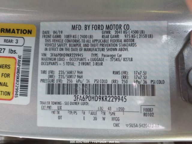 3FA6P0HD9KR229945 Ford FUSION SE