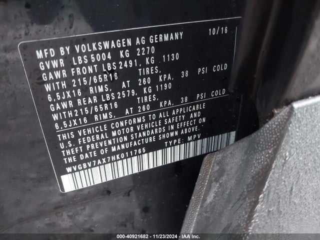 WVGBV7AX7HK011765 Volkswagen Tiguan 2.0t/s