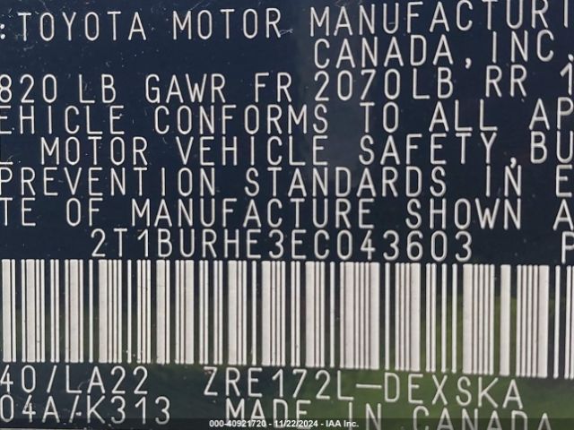 2T1BURHE3EC043603 Toyota Corolla L/le/le Pls/prm/s/s Pls