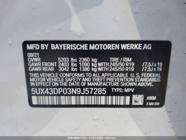 5UX43DP03N9J57285 BMW X3 Sdrive30i