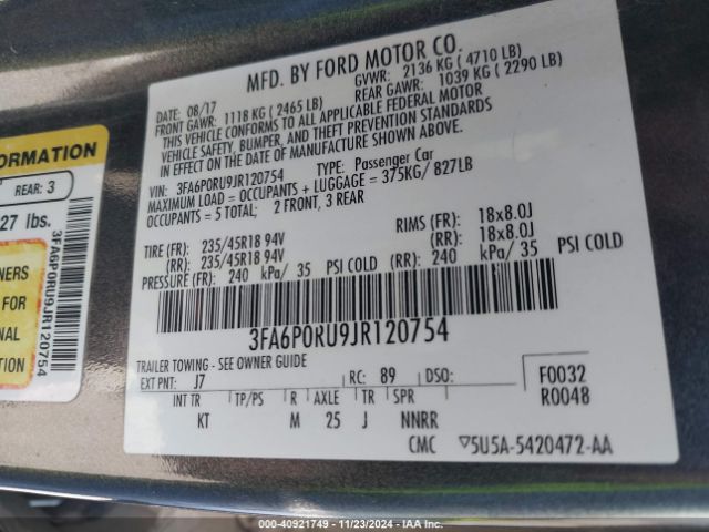3FA6P0RU9JR120754 Ford Fusion Hybrid Titanium