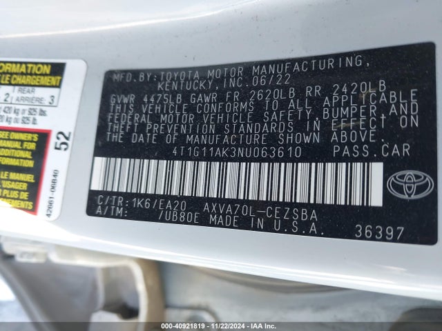 Toyota CAMRY SE 2022 4T1G11AK3NU063610 Image 9