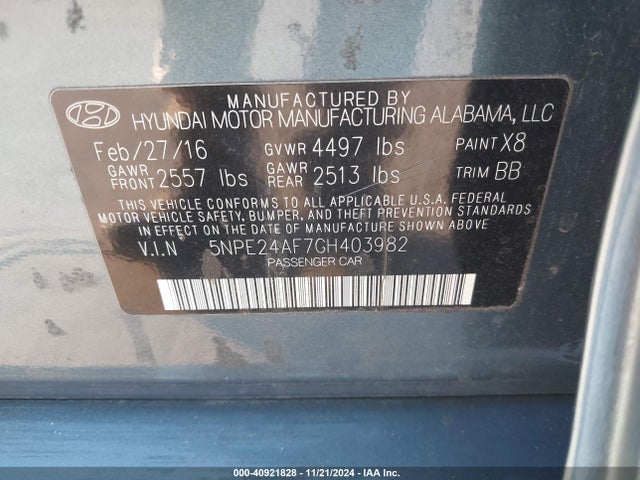 5NPE24AF7GH403982 Hyundai SONATA SE