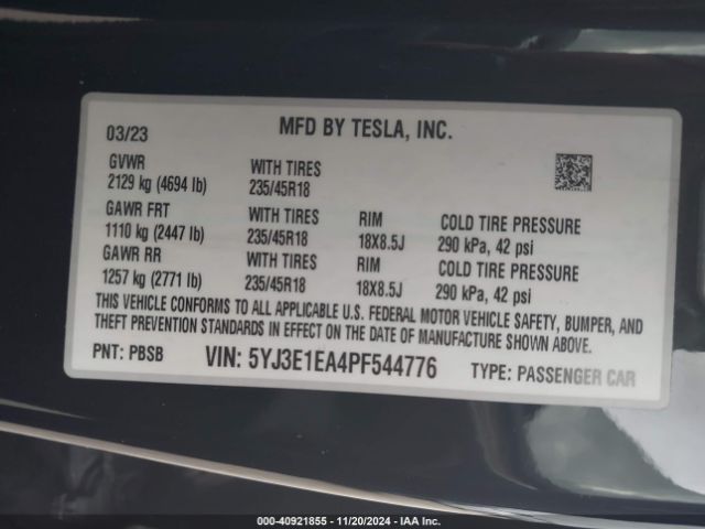 5YJ3E1EA4PF544776 Tesla Model 3 Rear-wheel Drive