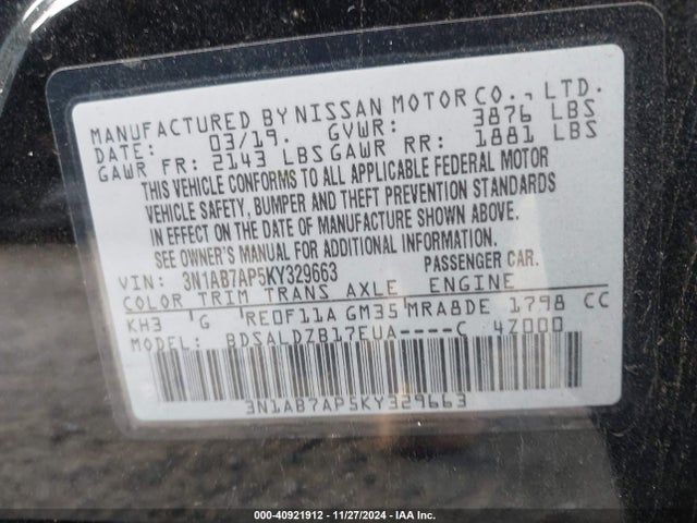 Nissan SENTRA SV 2019 3N1AB7AP5KY329663 Image 9