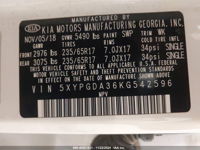 5XYPGDA36KG542596 KIA Sorento 2.4l Lx