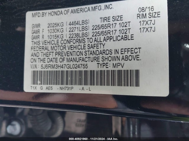Honda CR-V SE 2016 5J6RM3H47GL024755 Image 9