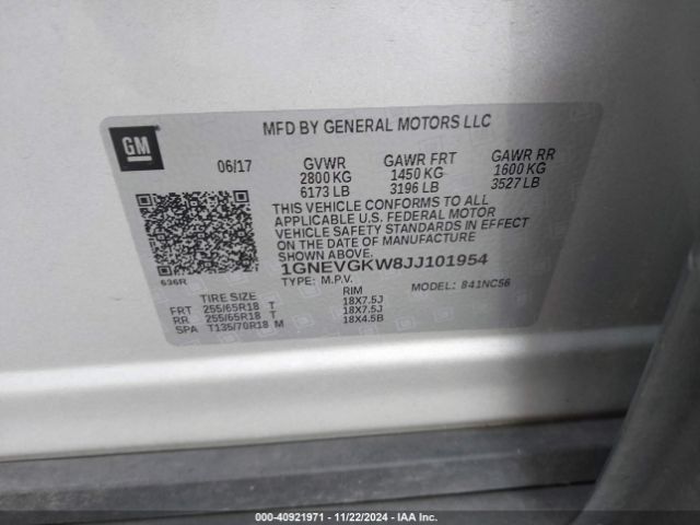 1GNEVGKW8JJ101954 Chevrolet Traverse 1lt