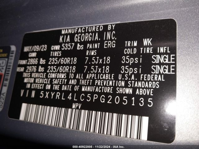 5XYRL4LC5PG205135 KIA SORENTO S