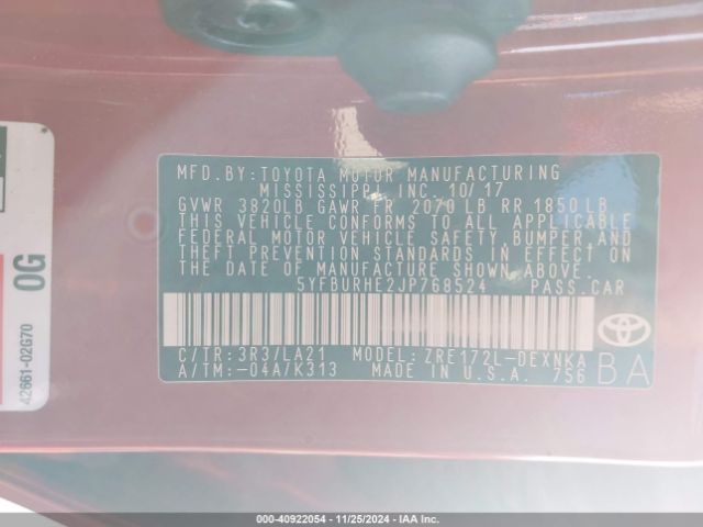 5YFBURHE2JP768524 Toyota Corolla Xle