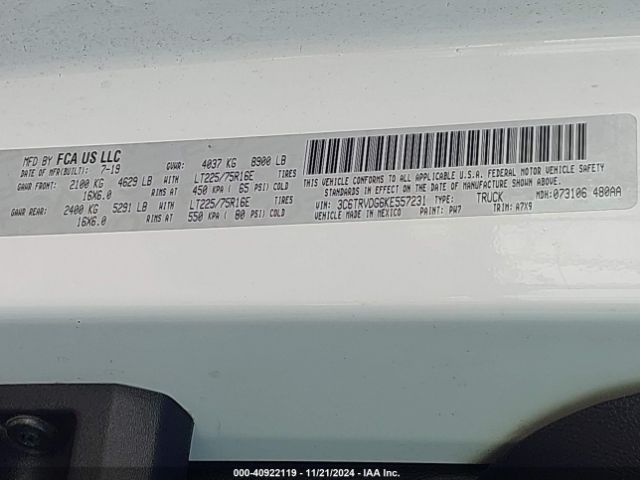 3C6TRVDG6KE557231 RAM Promaster 2500 High Roof 159 Wb