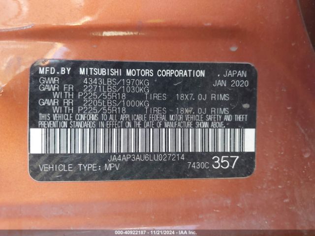 JA4AP3AU6LU027214 Mitsubishi Outlander Sport 2.0 Es