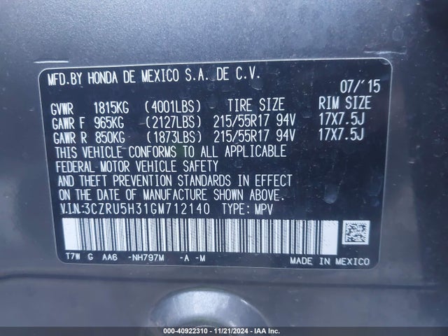 Honda HR-V LX 2016 3CZRU5H31GM712140 Image 9