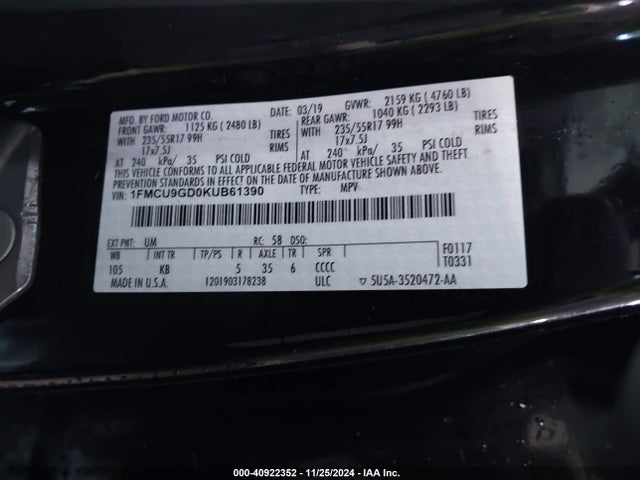 Ford ESCAPE SE 2019 1FMCU9GD0KUB61390 Image 9