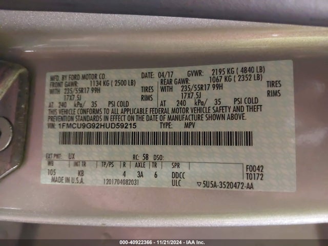Ford ESCAPE SE 2017 1FMCU9G92HUD59215 Image 9