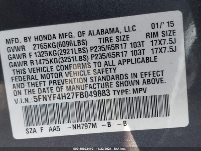 5FNYF4H27FB049883 Honda PILOT LX