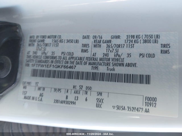 Ford F-150 Xl 2016 1FTFW1EF1GKF66467 Image 9