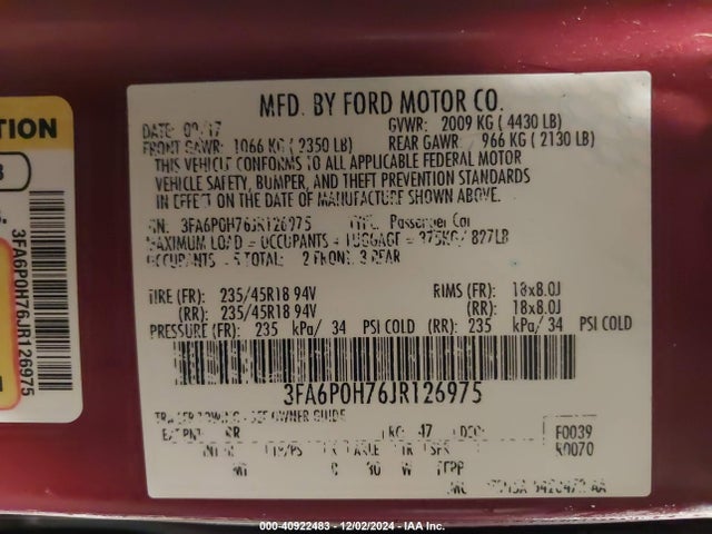 40922483 :رقم المزاد ، 3FA6P0H76JR126975 vin ، 2018 Ford Fusion Se مزاد بيع