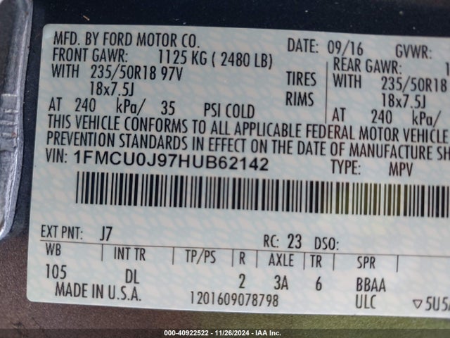 Ford Escape Titanium 2017 1FMCU0J97HUB62142 Image 9
