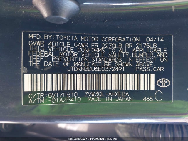 Toyota Prius Two 2014 JTDKN3DU6E0372491 Image 9