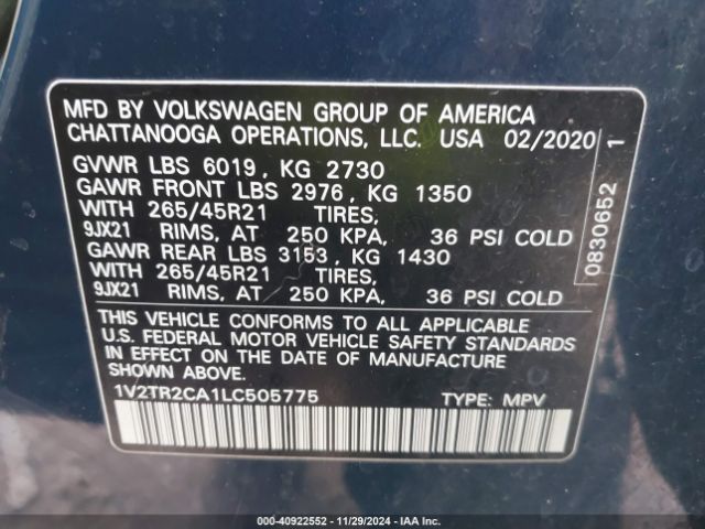 1V2TR2CA1LC505775 Volkswagen Atlas 3.6l V6 Sel Premium