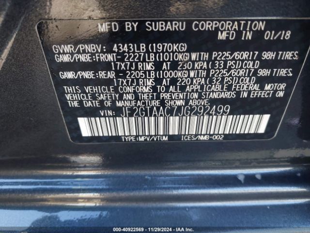 JF2GTAAC7JG292499 Subaru Crosstrek 2.0i