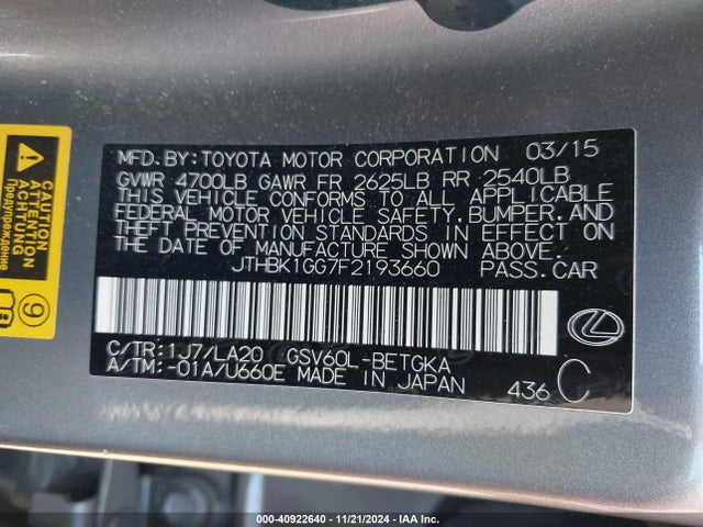 Lexus ES 350 2015 JTHBK1GG7F2193660 Image 9