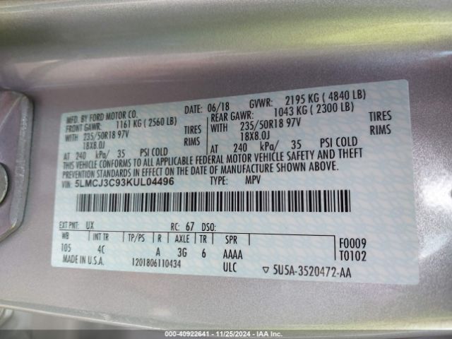 5LMCJ3C93KUL04496 Lincoln Mkc Reserve