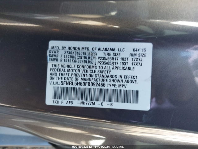 Honda Odyssey Ex-l 2015 5FNRL5H60FB092466 Image 9