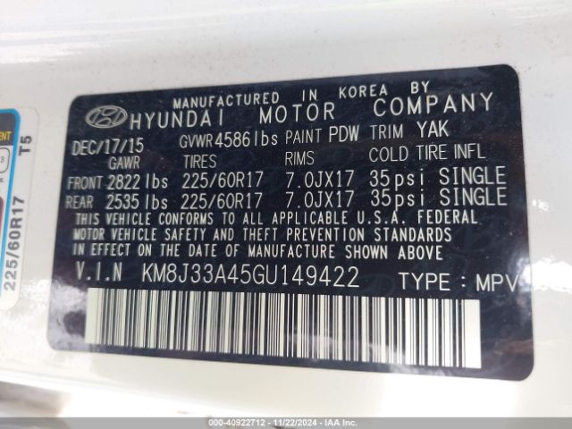 KM8J33A45GU149422 Hyundai TUCSON SE