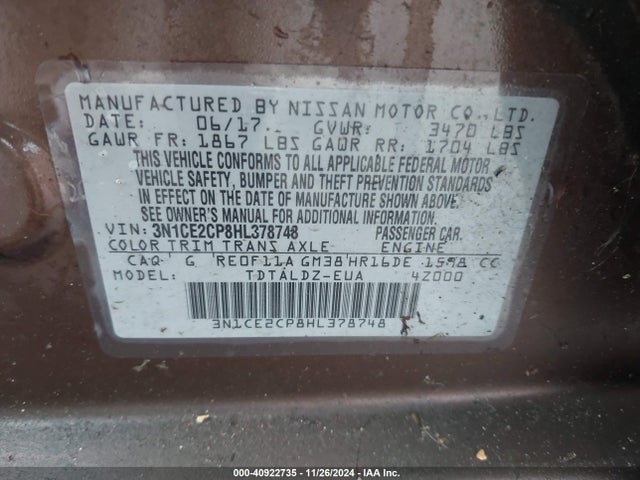 3N1CE2CP8HL378748 Nissan Versa Note Sv