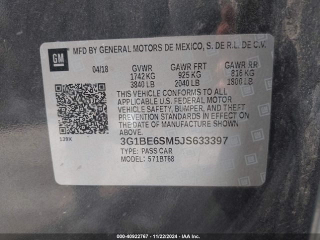 3G1BE6SM5JS633397 Chevrolet Cruze Lt Auto