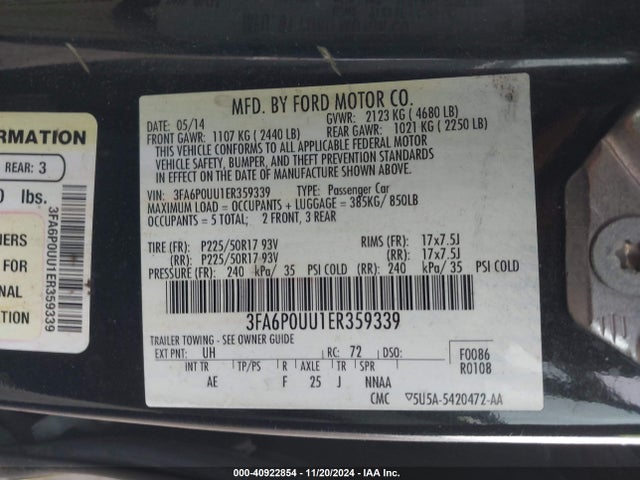 Ford Fusion Hybrid S 2014 3FA6P0UU1ER359339 Image 9