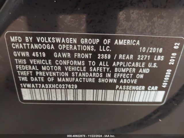 1VWAT7A3XHC027629 Volkswagen Passat 1.8t S