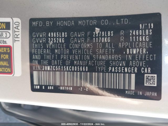 JHMZC5F15KC005660 Honda CLARITY PLUG-IN HYBRID