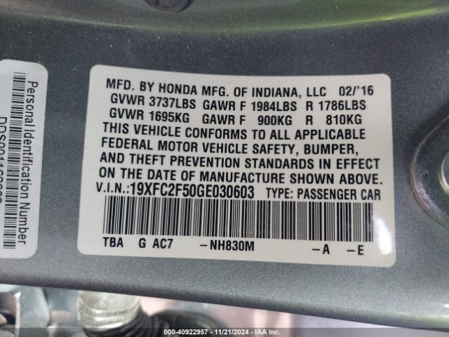 2016 HONDA CIVIC 19XFC2F50GE030603 Photo 8