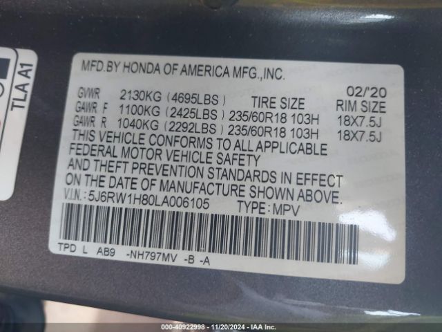 5J6RW1H80LA006105 Honda Cr-v 2wd Ex-l