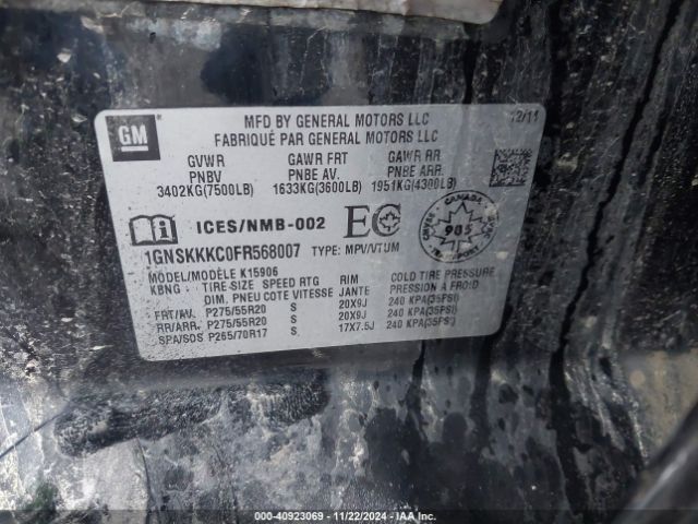 1GNSKKKC0FR568007 Chevrolet Suburban 1500 Ltz