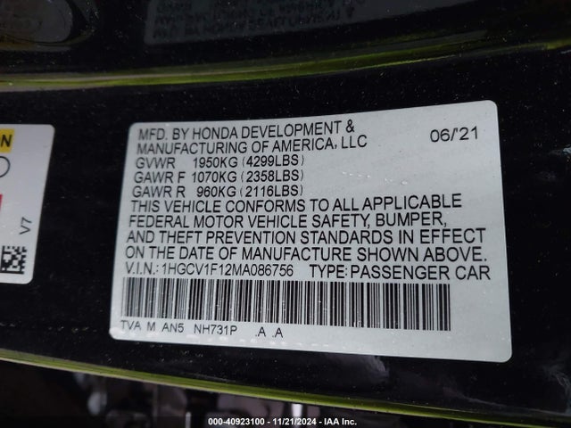 Honda ACCORD LX 2021 1HGCV1F12MA086756 Image 9