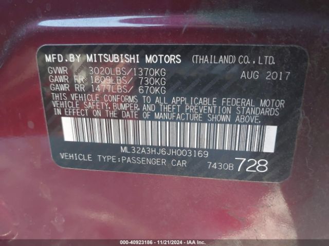 ML32A3HJ6JH003169 Mitsubishi MIRAGE ES