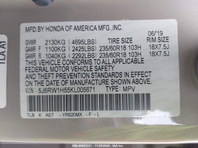 Honda CR-V EX 2019 5J6RW1H55KL005671 Image 9